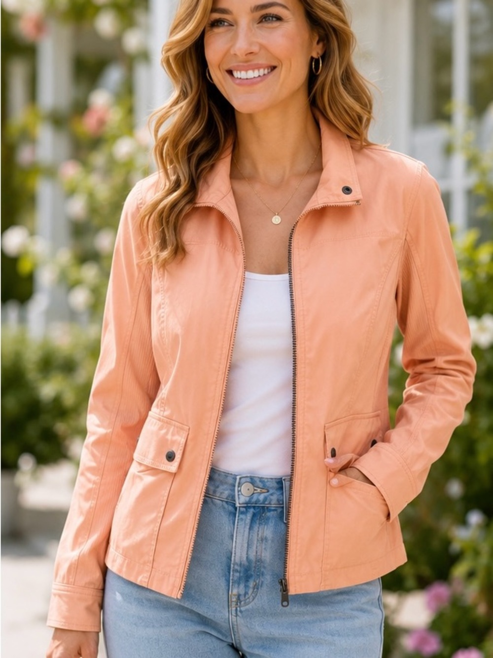 Lole Peach Zip-Front Utility Jacket Stretch Cotton Lightweight Size 8